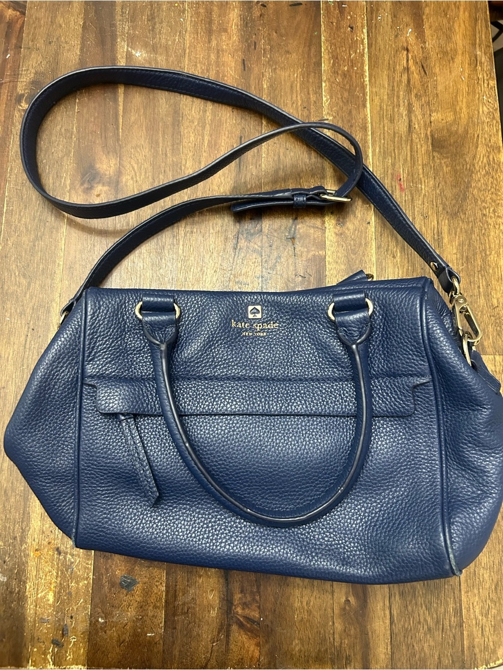 kate spade navy pebbled leather satchel with gold hardware